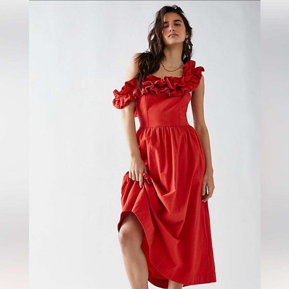 NWT Free People Ruffle Up Midi Dress in Rebel Red | Size S